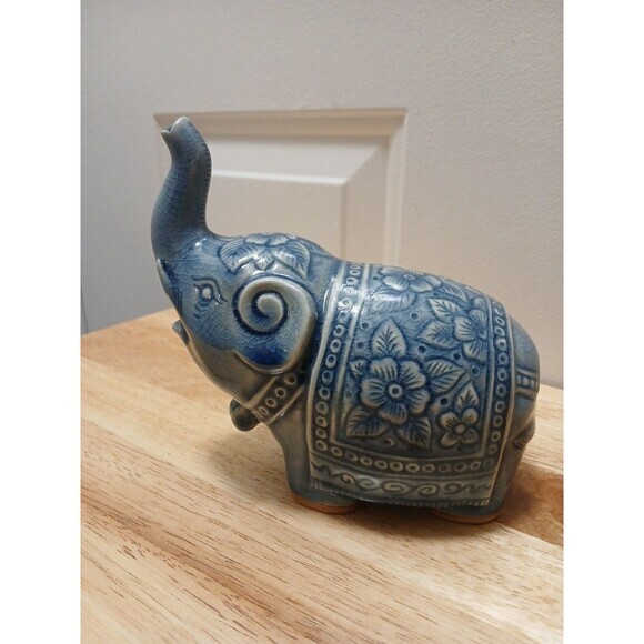 Celadon Other - Baan Celadon Blue Elephant Crackle‎ Glaze 6" x 5" Ornate Ceramic Thailand